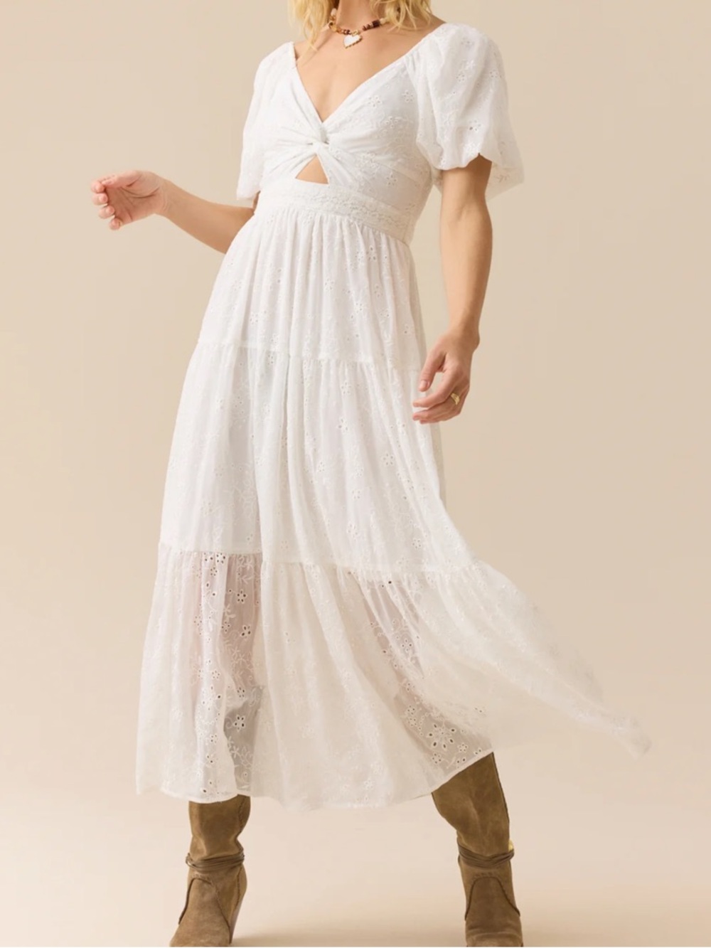 NWT Altar'd State White Eyelet Maxi Dress with Twist Front and Puff Sleeves - Picture 3 of 9
